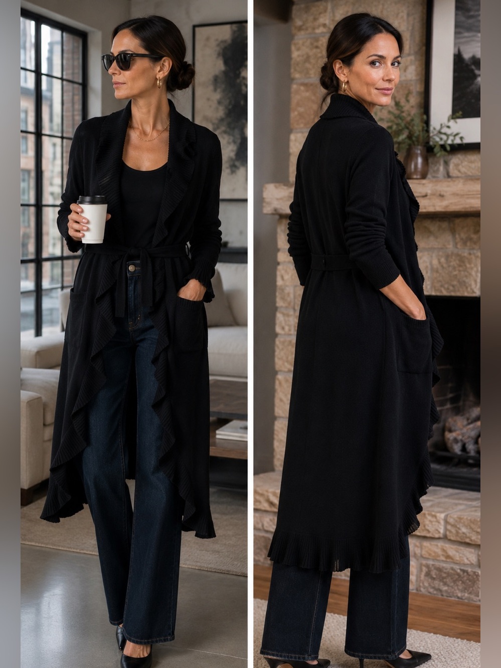 ST. JOHN Collection Made In USA Kelly long ruffle knit belted cardigan duster